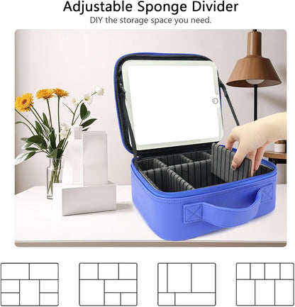 Travel Makeup Bag with LED Mirror Travel Makeup Organizer with 3 Lighted Settings, Adjustable Dividers and Makeup Brush Storage Bag Dark Blue