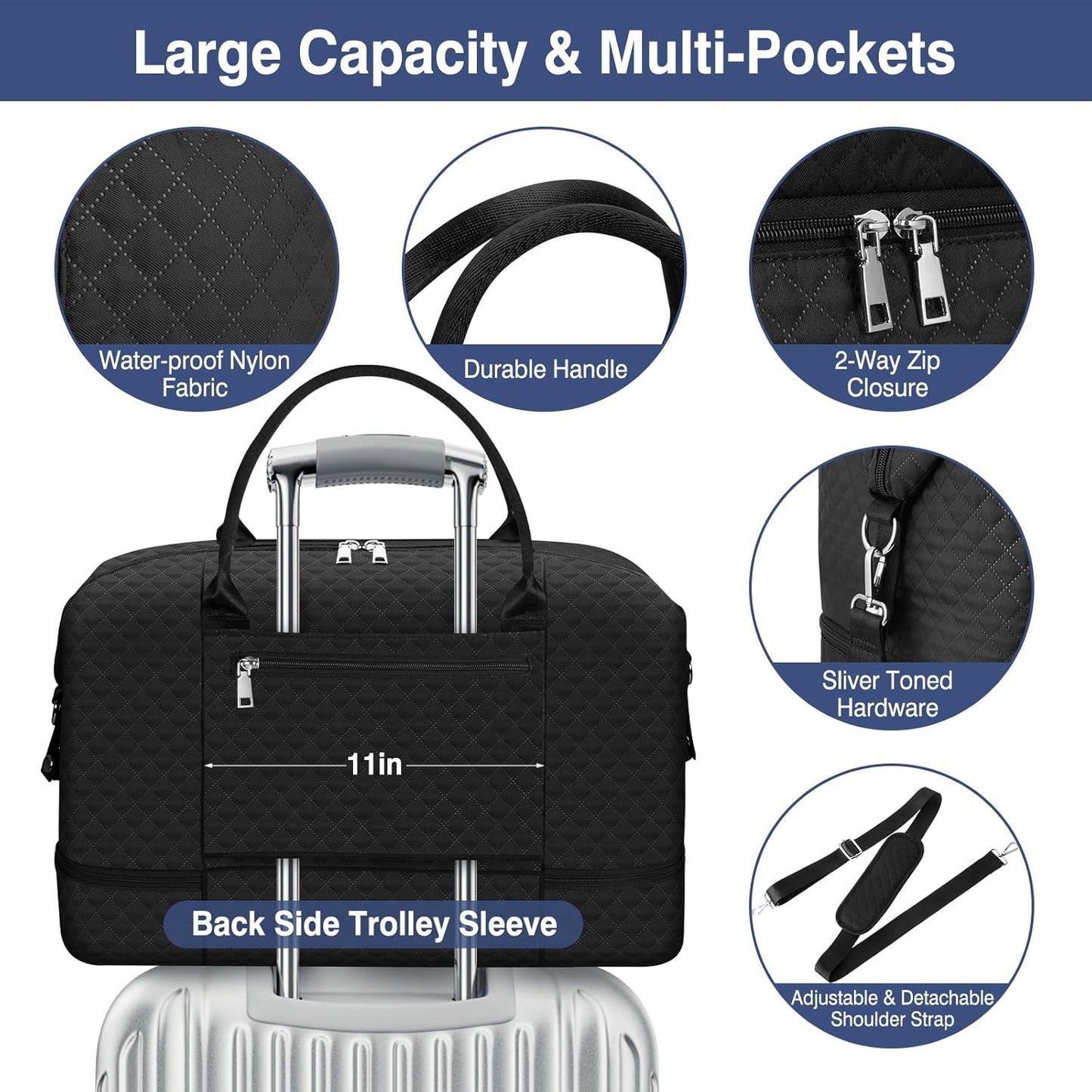 Weekender Bag for Women, Travel Duffel Bag Carry On Overnight Bag with Shoe Compartment Large Nylon Travel Weekend Tote Bag