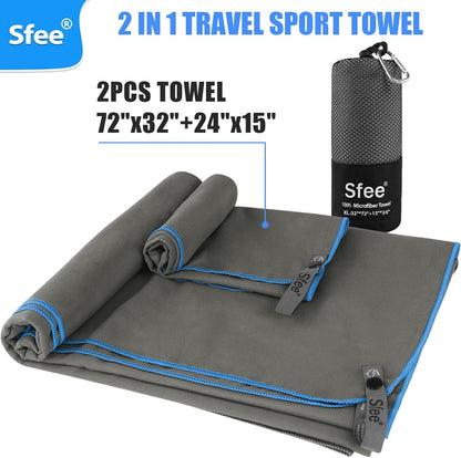 Sfee 2 Pack Microfiber Travel Towel, Quick Dry Camping Towel Large Beach Towel Super Absorbent Compact Lightweight Sports Gym Towels Set for Gym, Hiking, Pool, Backpacking,Bath,Yoga