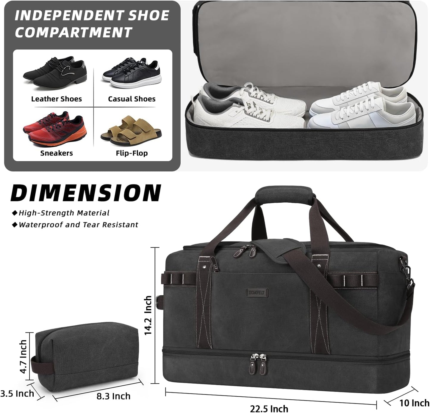 ZOMFELT Travel Duffle Bag for Men, Waterproof Canvas Overnight Duffel Bag with Removable Dividers & Shoe Compartment, Carry On Weekender Gym bag, Multi-Pocket & Vintage Design (Washed Black)