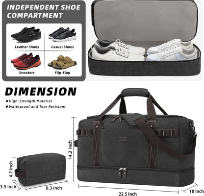 ZOMFELT Travel Duffle Bag for Men, Waterproof Canvas Overnight Duffel Bag with Removable Dividers & Shoe Compartment, Carry On Weekender Gym bag, Multi-Pocket & Vintage Design (Washed Black)