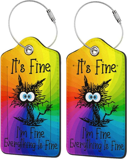 2 Pack Luggage Tags for suitcases Funny Cute Rainbow I'm Fine It's Fine Luggage Tag, Leather Stainless Steel Loop Label Tag for Men Women Travel Bag Suitcase(Rainbow Fine)