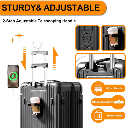 Krute Luggage with Spinner Double Wheels Suitcases with USB Port and Cup Holder TSA Lock PC+ABS Hardside Checked Luggage 28 Inch (Black)