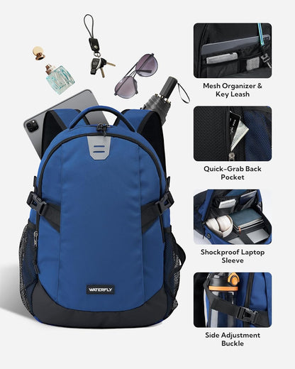 WATERFLY Small Casual Travel Backpack: 20L for Men Women Work Commuter Everyday EDC Daypack Hiking Gym Sport Workout Blue