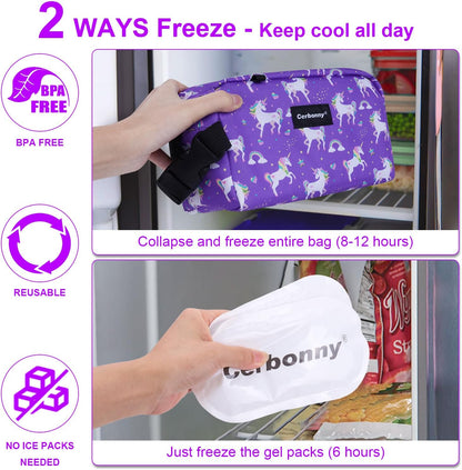 Cerbonny Small Cooler Bag Freezable Lunch Bag for Work School Travel,Small Lunch Bag,Small Insulated Bag For Kids/Adults,Freezer Lunch Bags,Mini Lunch Bag Fit For Yogurt,Suit for 3+(purple unicorn)