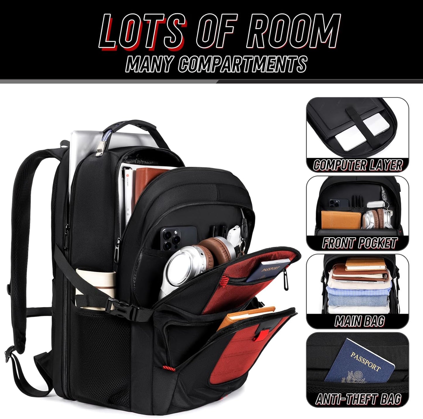 Z-MGKISS Big Travel Backpack, Large Laptop Backpack, TSA Approved Bag 50L, Anti-Theft Water Resistant Computer Daypack 17.3 Inch, Red