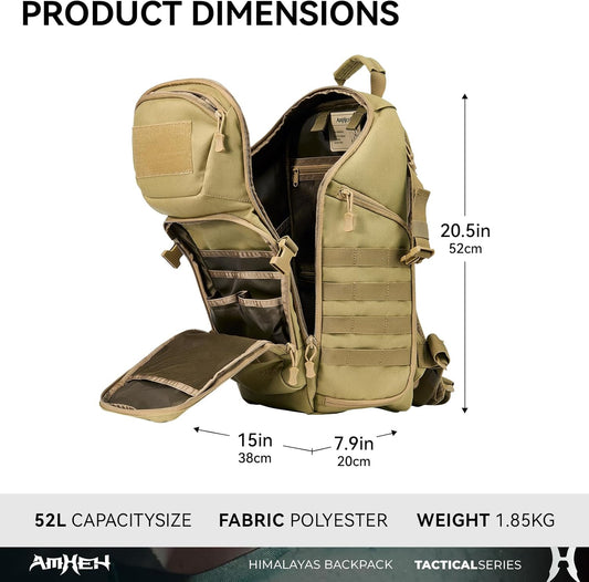 52L Tactical Backpack Military Molle Assault Pack - 3 Day Bugout Survival Rucksack, Hydration Compatible,Tan