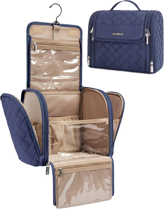 BAGSMART Makeup Bag for Women with Hanging Hook, Large Portable Capacity Water-resistant Organizer Travel Case for Toiletries and Cosmetics, Blue