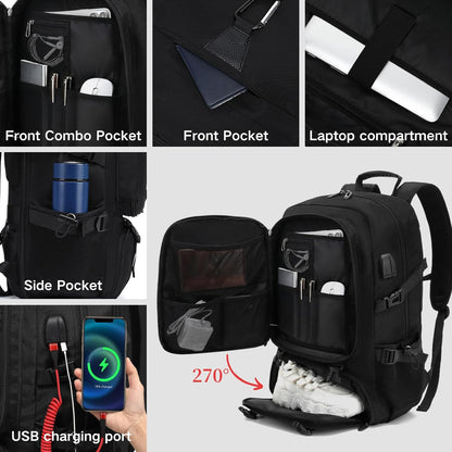 80L Travel Backpack, 18 Inch Laptop Backpack for Men Women, Waterproof Anti-Theft TSA Friendly Flight Approved with USB Interface & Shoe Compartment, Black