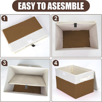 Large 22 Quart Linen Fabric Foldable Storage Bin Cube Organizer Basket with Flip-Top Lid & Handles, Clothes Blanket Box for Home, Office, Closet, Brown & White, 4 Pack 14.6 x 9.5 x 9.5