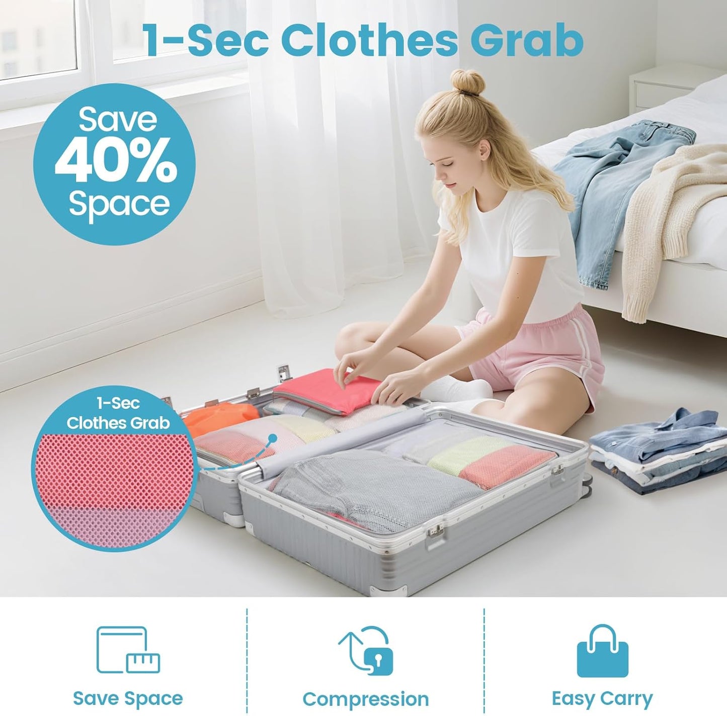 Cambond Compression Packing Cubes for Travel - 7 Set Multi-color See Through Mesh Compression Cubes for Travel Essentials with Large Laundry Bag, Luggage Packing Organizers Bags for Suitcases