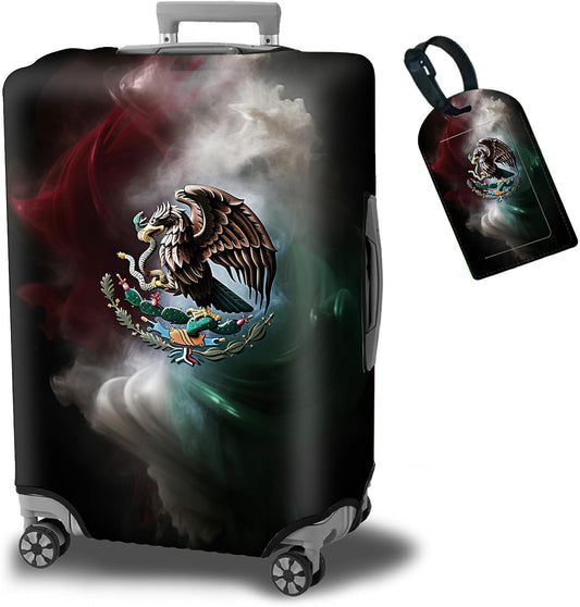 Luggage Cover + Tag, Mexican Flag Eagle Travel Suitcase Protector for 22-24 inch Luggage (M) with Concealed Zipper, Washable Elastic Cloth, Dustproof, Anti-Scratch
