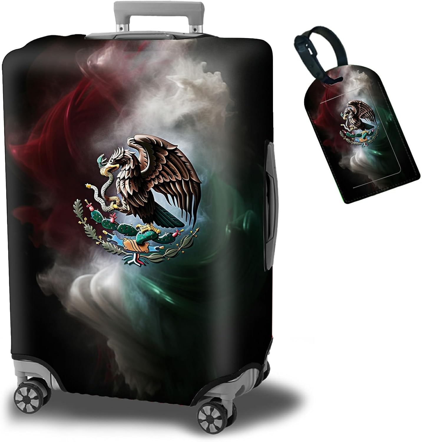 Luggage Cover Plus - Mexican Flag Eagle Travel Suitcase Cover for 26-28 inch Luggage with Concealed Zipper, Washable Elastic Cloth, Dustproof, Anti-Scratch