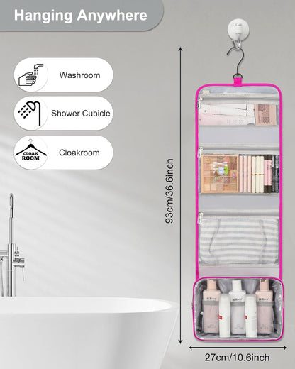 Relavel HangingTravel Toiletry Bag for Women, Large Capacity Toiletries Bag, Travel Essentials Organizer, Hanging Makeup Case for Accessories, Waterproof Bathroom Shower Bag (hot pink)