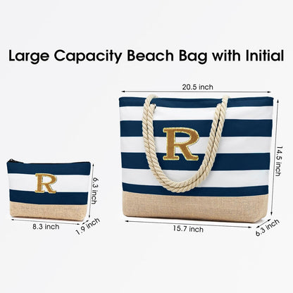 Becokan Beach Bag Initial Beach Tote with Makeup Bag for Travel Work Storage Personalized Birthday Gifts for Women Her