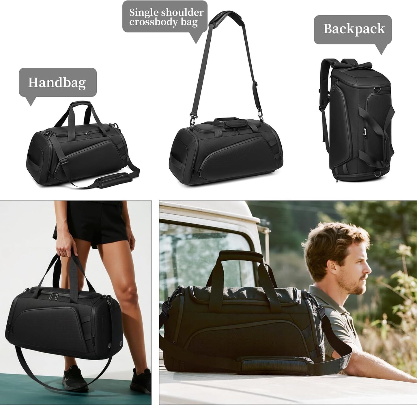 Duffle Bag for Travel, Carry on Gym Bag for Men, Waterproof Sport Bags with Shoe Compartment, 40L Weekender Men Tote Bag for Camping, Hiking, Trips - Black (CORDURA®)
