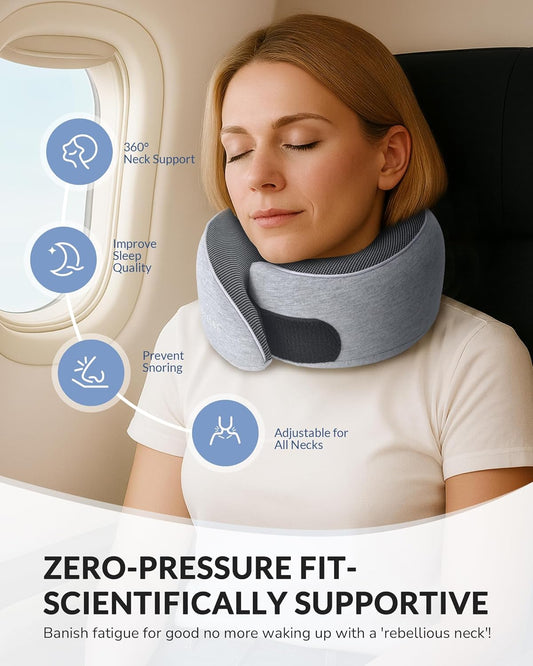 Neck Travel Pillow for Rest - Memory Foam Travel Pillow for Airplane, Comfortable Breathable Cover, 360 Degree Support Ergonomic Design Best for Flight, Train, Sleeping, Travel Essentials