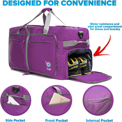 Bago Big XXL Foldable Duffel Bags for Traveling Women & Men - 140L Packable Duffle Bag for Travel with Shoe Compartment - Water Repellant, Heavy Duty, Lightweight Folding & Collapsible (Purple)