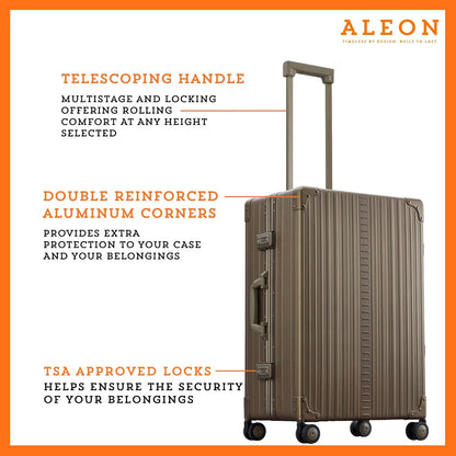 Aleon All Aluminum Lightweight 26" Carry-On Luggage - Hardside Carry-On Suitcase, TSA Approved, Hard Shell Suitcase for Travel, Airline Approved Hard Spinner Wheels Luggage (Champagne)
