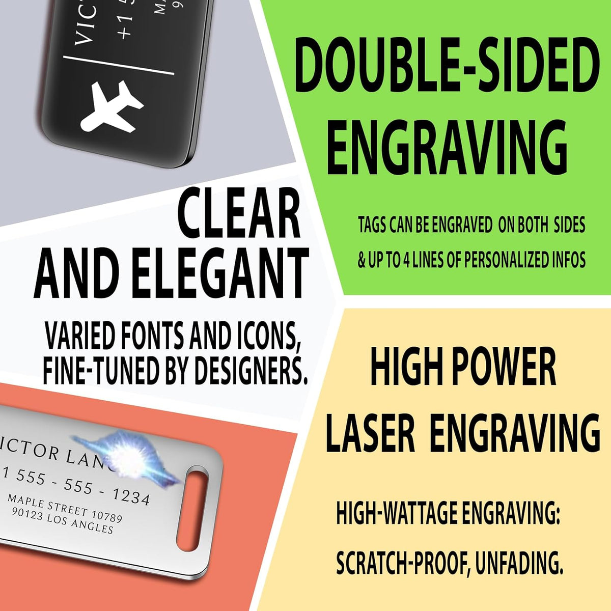 Personalized Luggage Tags for Suitcases - Stainless Steel Custom Luggage Tags for Backpacks & Bags, Sturdy, Waterproof & Heavy Duty (Rose Gold or Silver / 3" x 1.25")