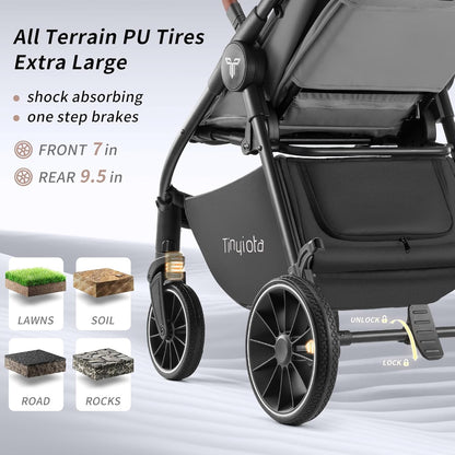 Tinyiota Baby Stroller, Infant Stroller with Large UPF 50+ Canopy,Luxury Pram Strollers with Leather Handle & Spacious Seat, One-Hand Foldable Pushchair, Toddler Carriage with Lie-Flat Mode(Gray)