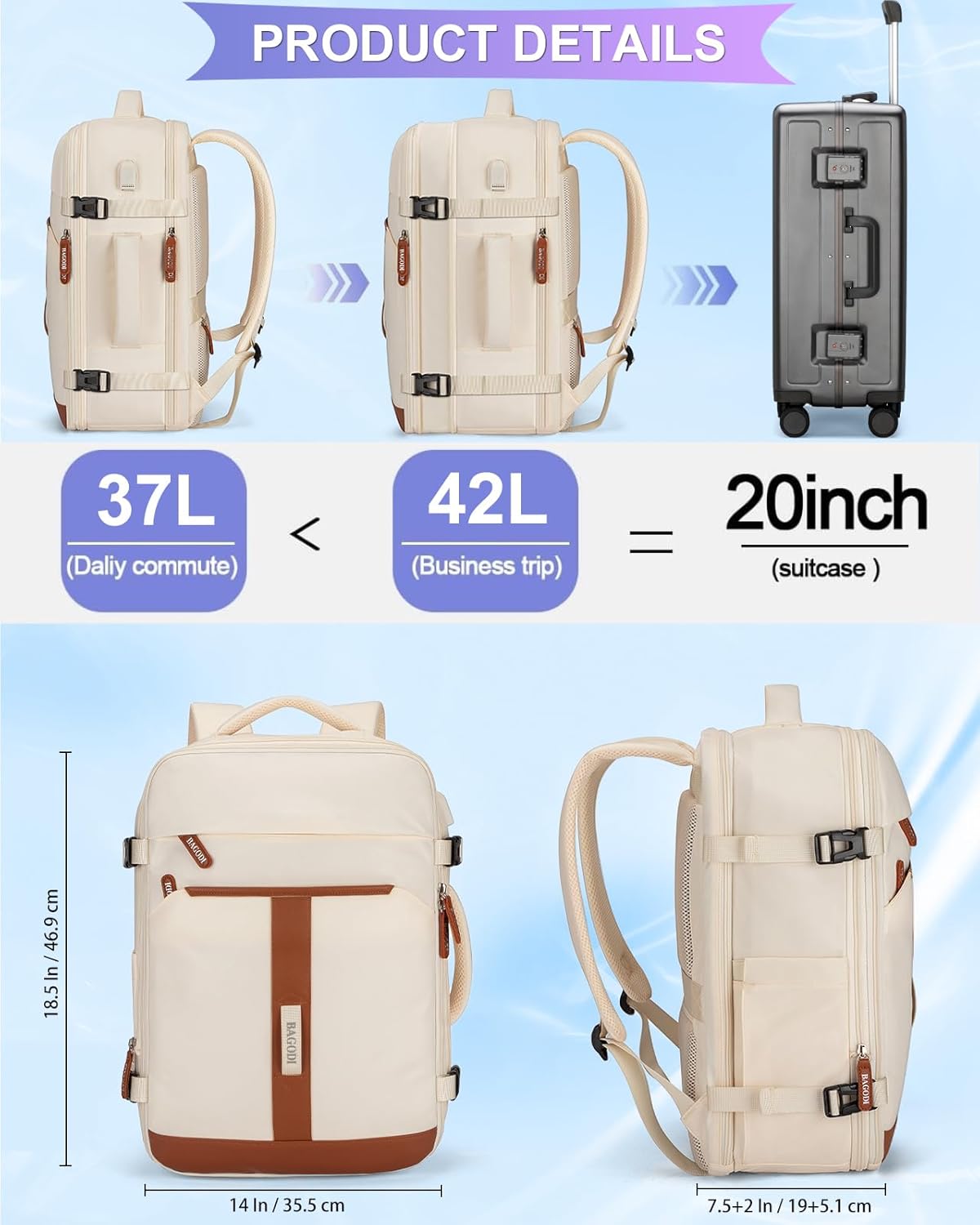42L Travel Laptop Backpack, Expandable Carry-on Luggage, Anti-Theft Business Weekender Bag with USB Port, 3 Packing Cubes & Shoe Bag (Beige)