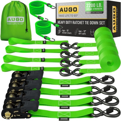 AUGO Heavy Duty Ratchet Straps & Soft Loops – Pack of 4 Extra Strong 1.5” by 10’ Ratchet Straps w/S-Hook Safety Latches & 4 Soft Loop Tie Downs – 4400Lb Break Strength for Motorcycles, ATVs, Etc.