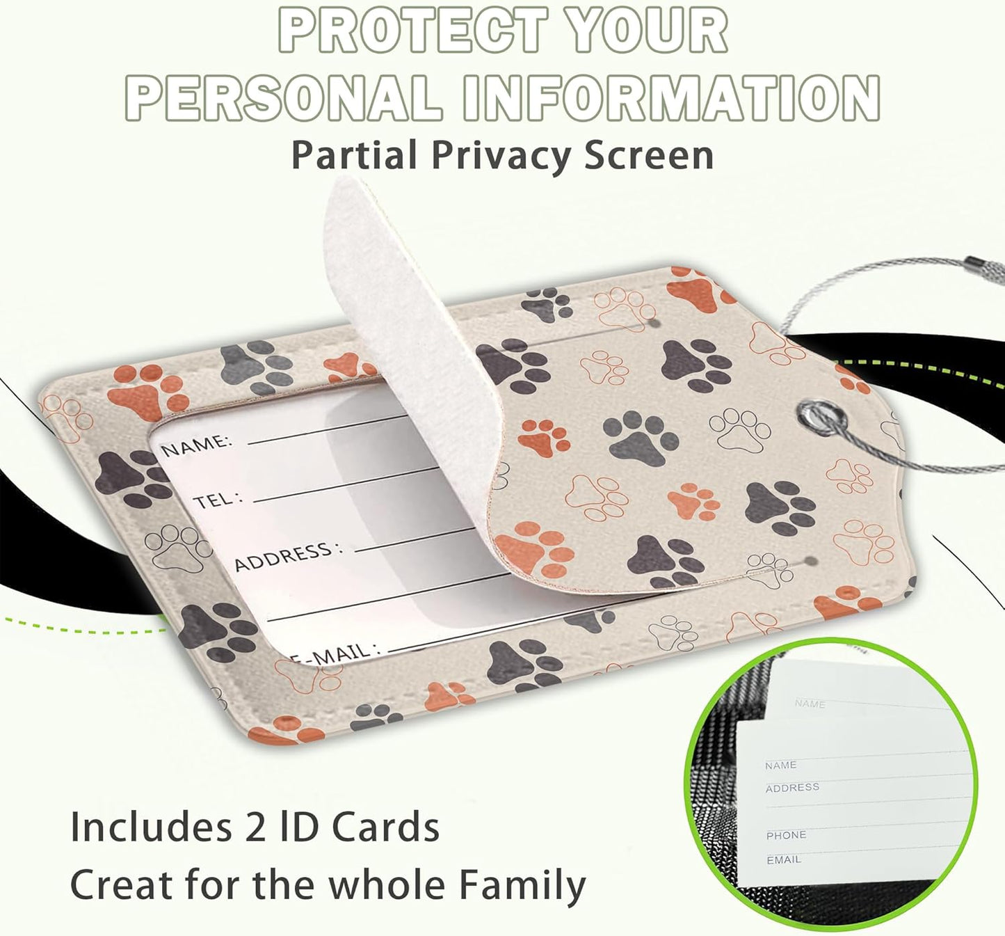 2 Pack Luggage Tags for Suitcase,Dog Cat Paws Leather Luggage Tag Bag Tags Identifiers Privacy Cover Id Label with Steel Loop for Women Men Girls Boys Travel