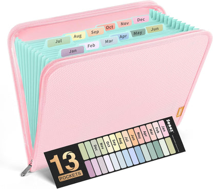 Sooez 13 Pocket Accordion File Organizer, Zipper Expanding File Folder Organizer, Reinforced Plastic Accordion Folder, A4 Letter Size, Portable Folders for Documents, Pink