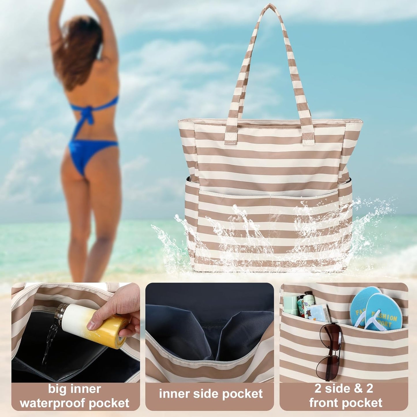 LEDAOU Large Beach Tote Bag Women Waterproof Sandproof Zipper Beach Tote Bag for Pool Gym Grocery Travel with Wet Pocket