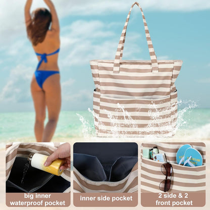 LEDAOU Large Beach Tote Bag Women Waterproof Sandproof Zipper Beach Tote Bag for Pool Gym Grocery Travel with Wet Pocket