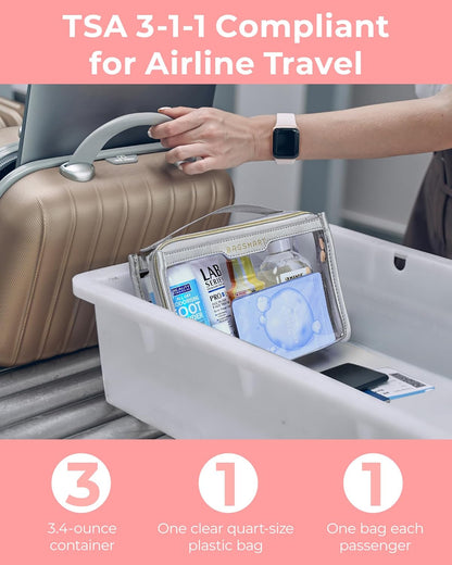 BAGSMART TSA Approved Toiletry Bag, Clear Travel Toiletry Bag, Makeup Cosmetic Pouch Bag for Women Men Carry on Airline Quart Size Organizer for Travel Essentials (Gray, Pack of 2)