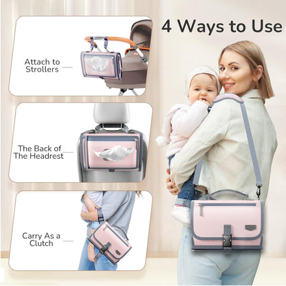 Portable Diaper Changing Pad with Shoulder Strap, Detachable Travel Changing Pad with Baby Wipes Pocket, Gifts for Baby Shower, Newborn Girls and Boys (Pink)
