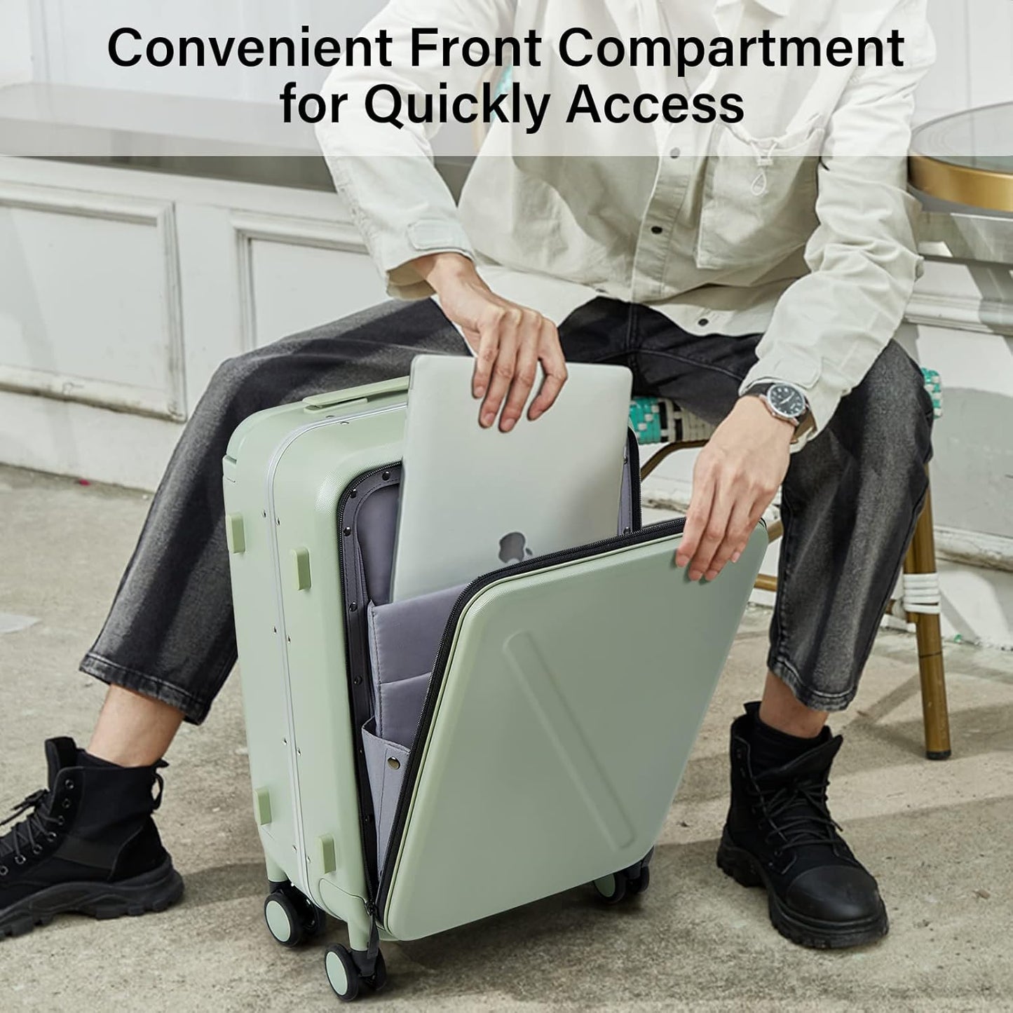 MILADA Wide Handle Luggage with Front Pocket Hardshell Aluminium Check In Suitcase with Wheels Medium 24 Inch Front Opening Checked Luggage with Spinner Wheels TSA Approved Luggage, Bamboo Green