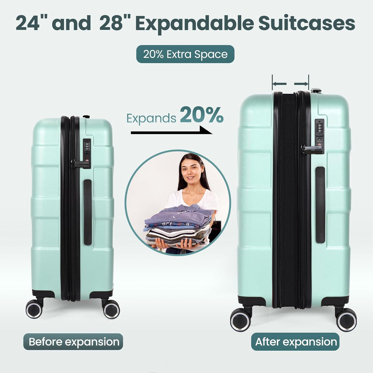 Luggage Sets 3 Piece with Spinner Wheel, Hardside Suitcase Set with TSA Lock, Expandable Lightweight Travel Luggage for Men and Women, Mint Green