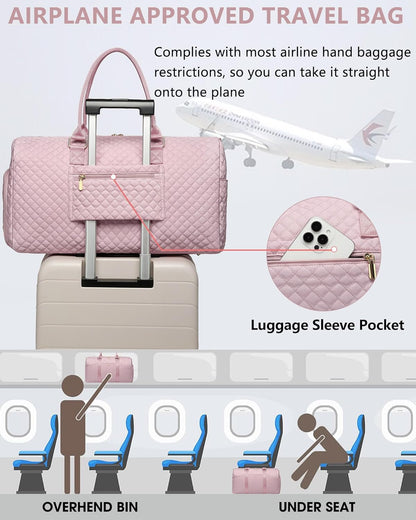 Women Weekender Travel Duffle Bag: Travel Duffel Overnight Bags with Shoe Compartment Large Carry on Tote Bag with Toiletry Bag Weekend Traveling Yoga Gym Hospital for Women with Wet Pocket Pink