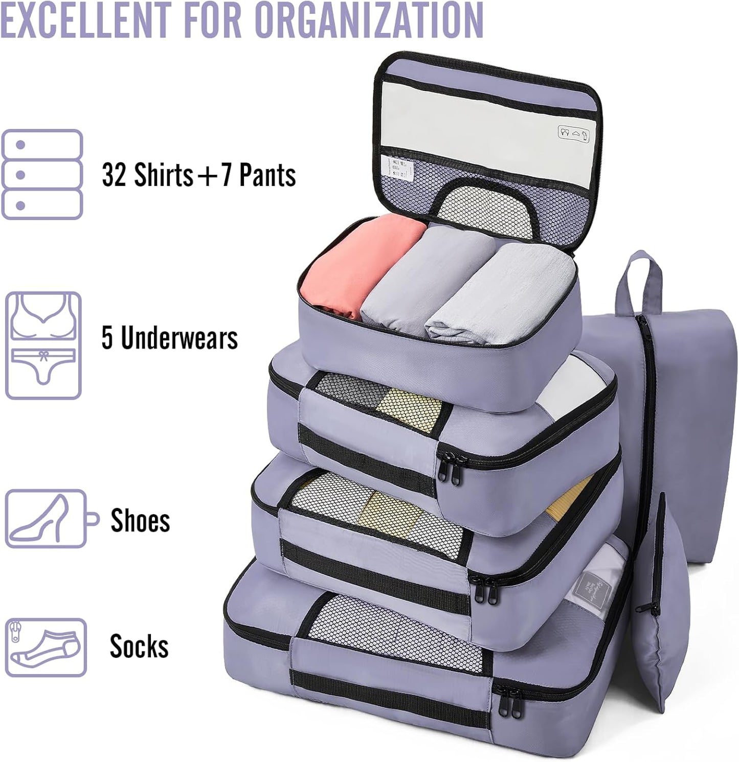 Veken 8 Set Packing Cubes for Travel Essentials, Suitcase Organizer Bags in 4 Sizes, Carry-On Luggage Accessories with Large Laundry & Hanging Toiletry Bag, Must-Have for Airplane, Road Trip & Camping