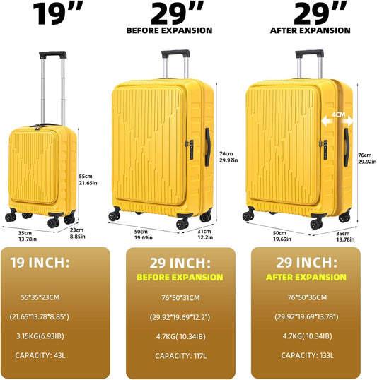 2 Pieces 19/29 Luggage Sets, 19 Inch Carry On Luggage with Front Pocket & 29 Inch Side Opening Suitcase, Ligthweight ABS+PC Hardshell, TSA Lock & YKK Zipper with HINOMOTO 360° Wheels, Yellow