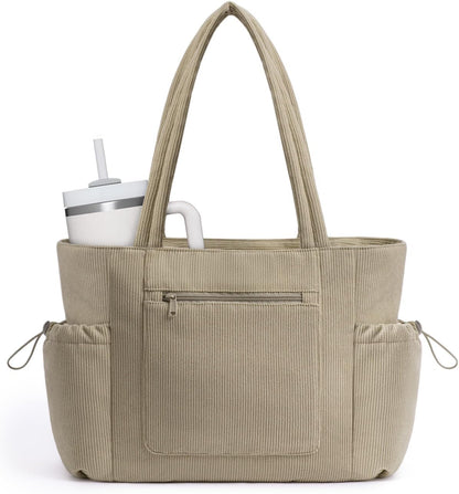 ECOHUB Tote Bag for Women, Work Tote Bags with Laptop Compartment, Large Corduroy Tote Bag with Stanley Cup Holder