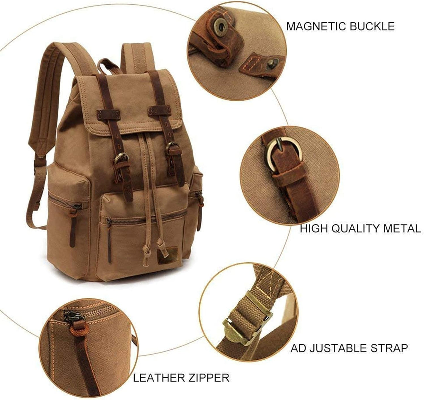 AUGUR High Capacity Canvas Vintage Backpack - for Hiking Travel 12-15.6" Laptop Backapcks for Men Casual Daypacks Rucksack(L-Khaki)