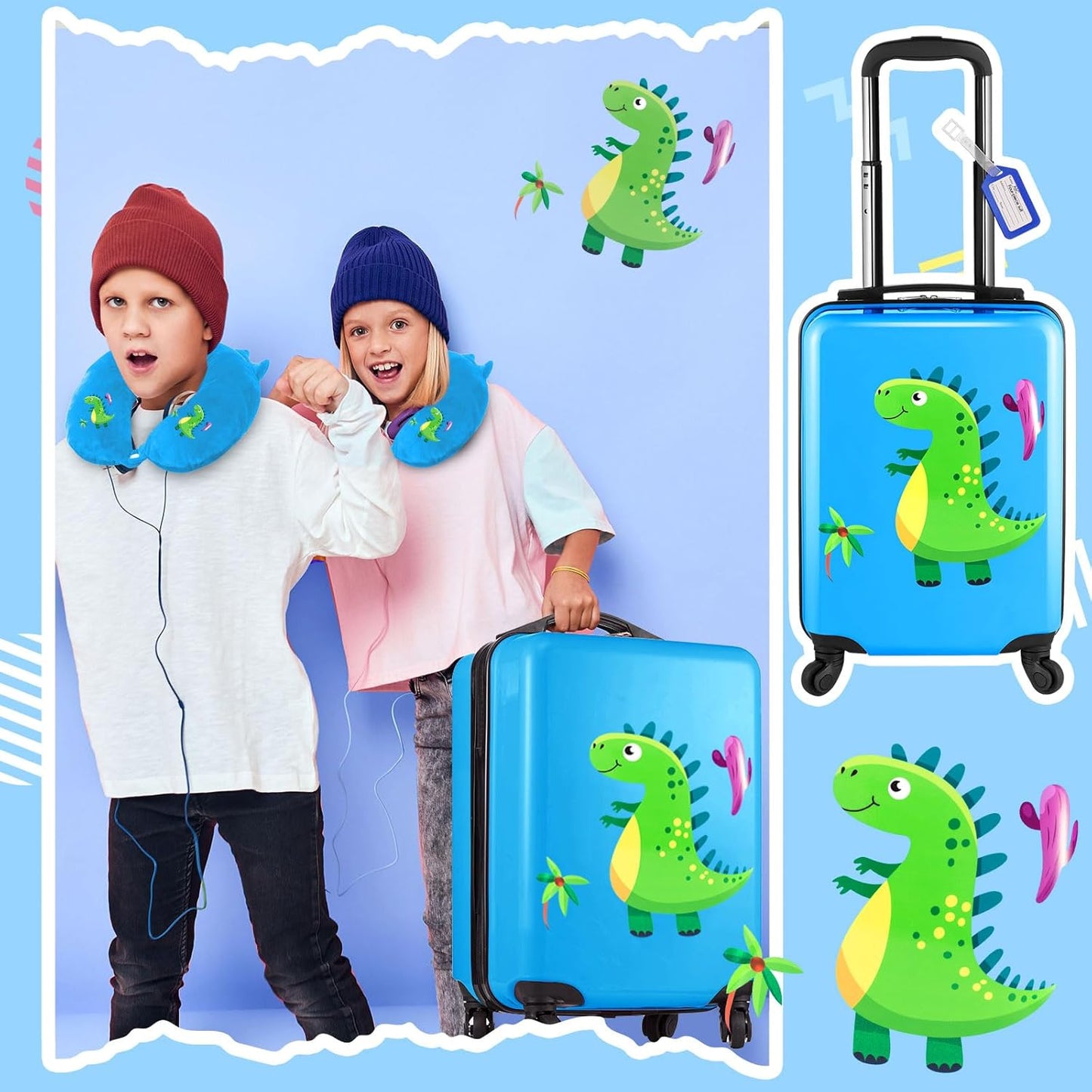 Sanwuta 4 Pcs Kids Luggage Set Kids Backpack Travel Rolling Suitcase with Wheels U-shape Pillow Childrens Gift for Girls Boys(17 Inch,Dinosaur Style,Blue)
