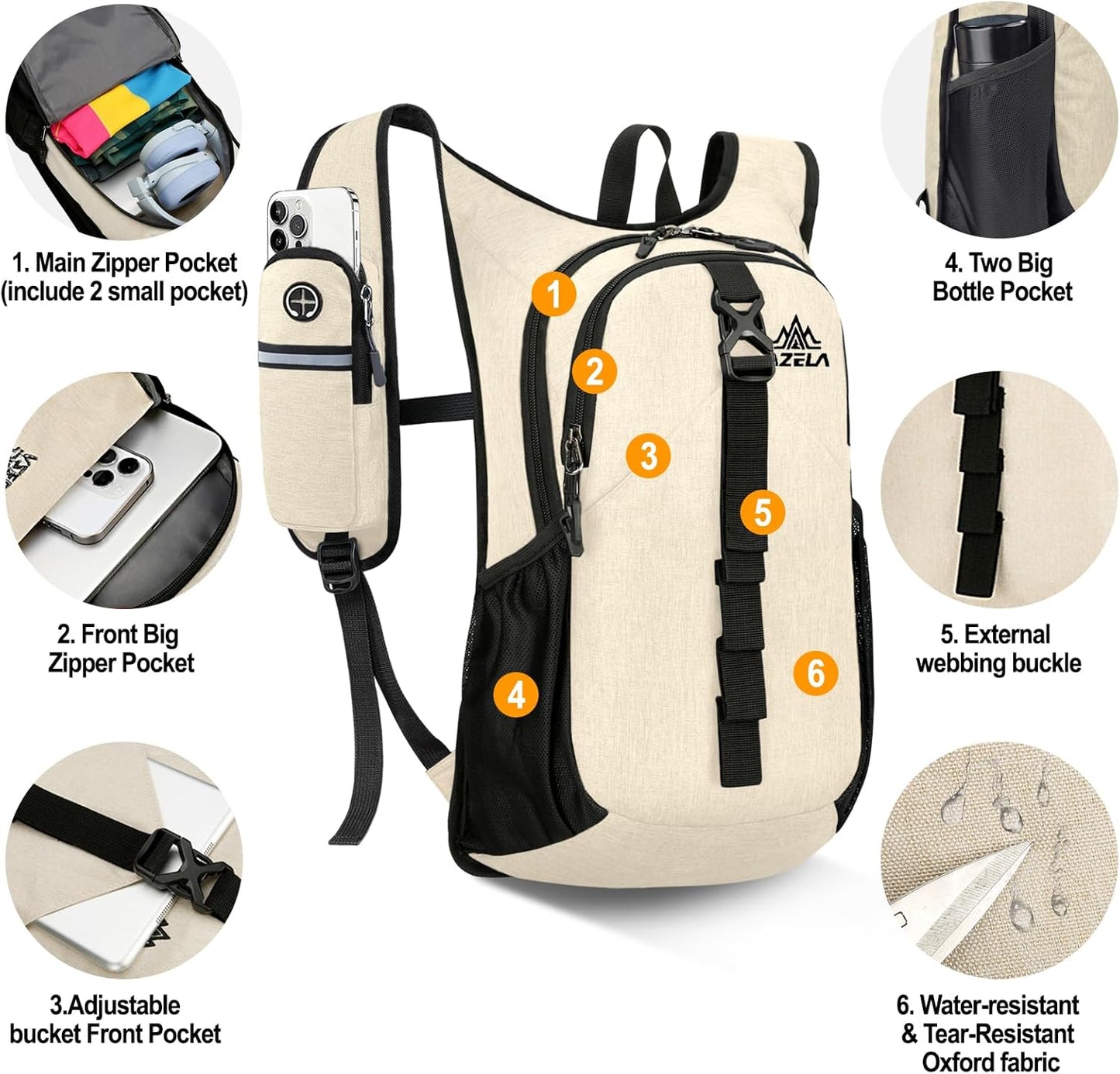 Seektop 15L Small Hiking Backpack for Women Men, Foldable Packable Backpack with Phone Pocket, Lightweight Travel Daypack for Hiking Camping Outdoor (Beige)