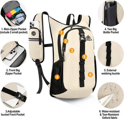 Seektop 15L Small Hiking Backpack for Women Men, Foldable Packable Backpack with Phone Pocket, Lightweight Travel Daypack for Hiking Camping Outdoor (Beige)