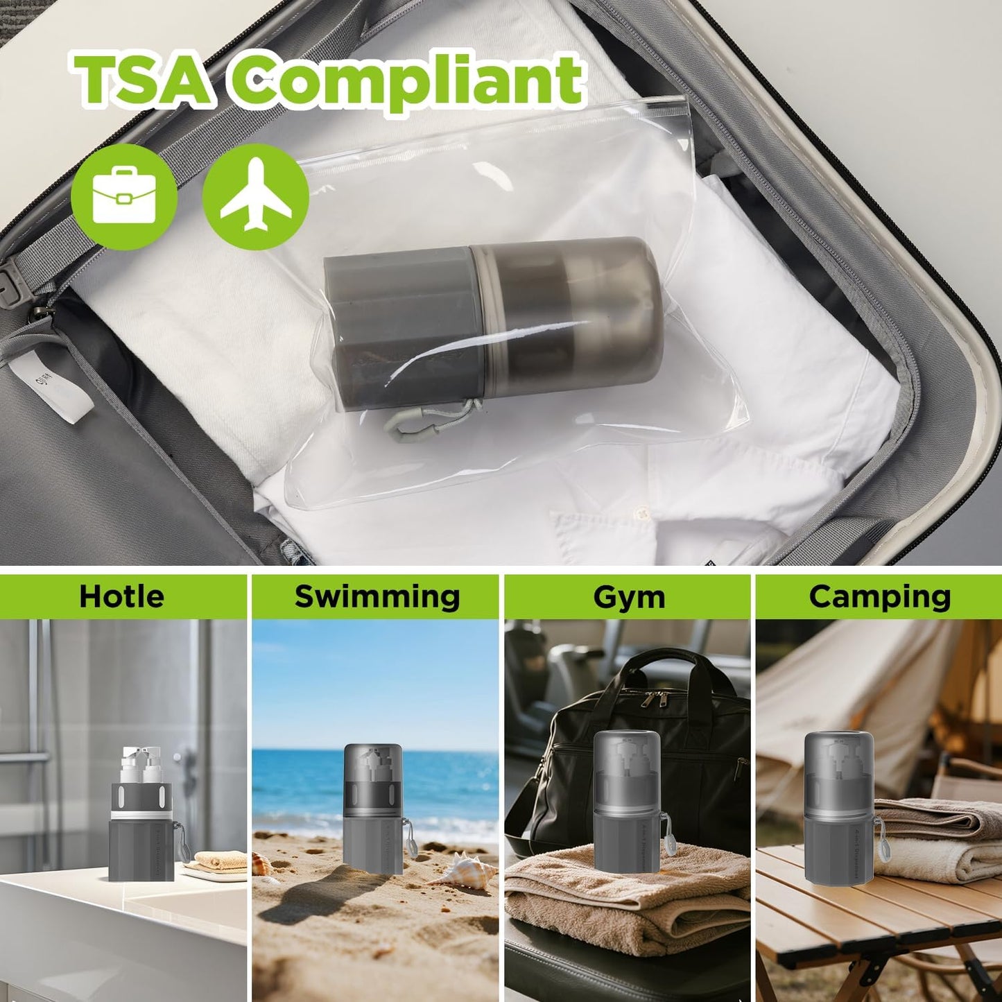 4 in 1 Travel Toiletry Containers,TSA Approved Refillable Travel Size Toiletries Bottles Set with Suction Cup for Smooth Walls - for Shampoo,Conditioner,Body Wash,Lotion.(Grey)