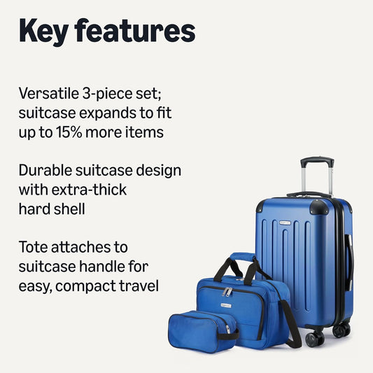 Amazon Basics 3-Piece Luggage Set, Including Carry-On Luggage (22" Expandable Hardside Suitcase With 8 Spinner Wheels), 15" Tote Bag, and 10" Compact Travel Bag, Navy Blue