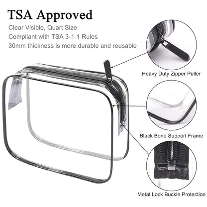Lermende 2pcs Clear Toiletry Bag TSA Approved Travel Bag,Carry On for Travel,Airport Airline Accessories Compliant Bag,Quart Sized Makeup Cosmetic bag Women Men (Transparent Black, 3 Pack)