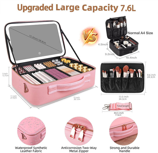 15"×11" Large Pink Makeup Bag with Mirror, Personal Item Travel Bag with Makeup Mirror 3 Lights, Waterproof Train Case with Mirror and Adjustable Dividers,Professional Lighted Makeup Case