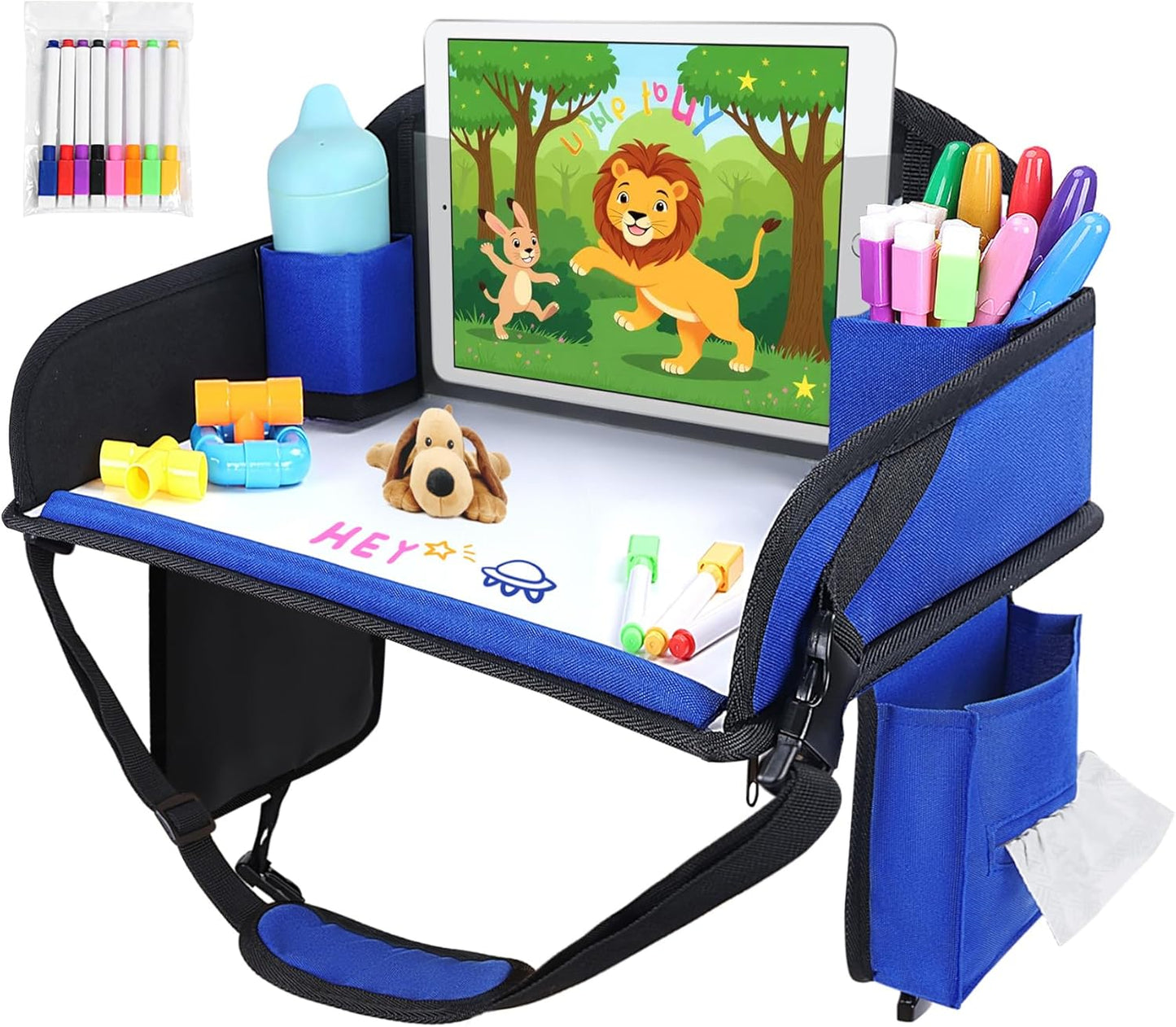 Kids Travel Tray for Airplane - Toddler Car Seat Table Tray, Road Trip Essentials for Boys & Girls, Carseat Lap Desk for Kids Road Trip Activities(Navy Blue)