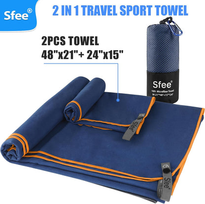 Sfee 2 Pack Microfiber Travel Towel, Quick Dry Towel Camping Towel Super Absorbent Compact Lightweight Sports Towel Swim Gym Beach Towels Set for Gym, Hiking, Pool, Backpacking, Bath, Yoga
