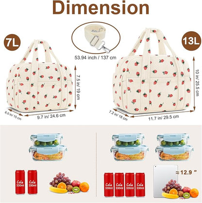 Corduroy Lunch Box Lunch Bag for Women Men, Cute Strawberry Small Insulated - Image 6